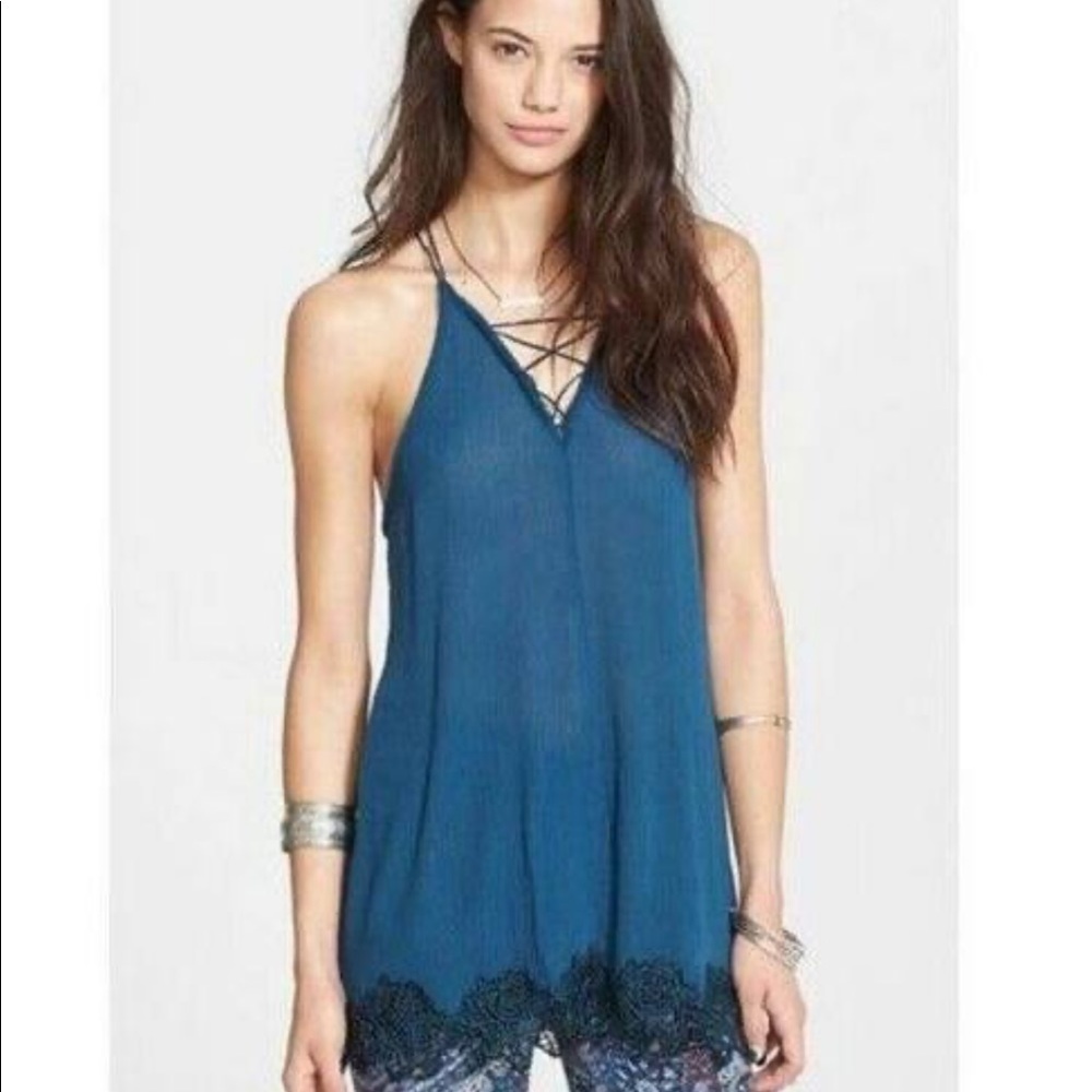 Free People Wicked Spell Lace Trim Raw Edge Criss Cross Tunic Top M